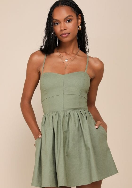 Sweet Existence Olive Green Linen Lace-Up Skort Romper