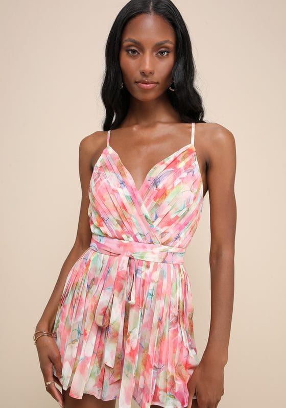 Enticingly Lovely Pink Multi Floral Pleated Backless Romper