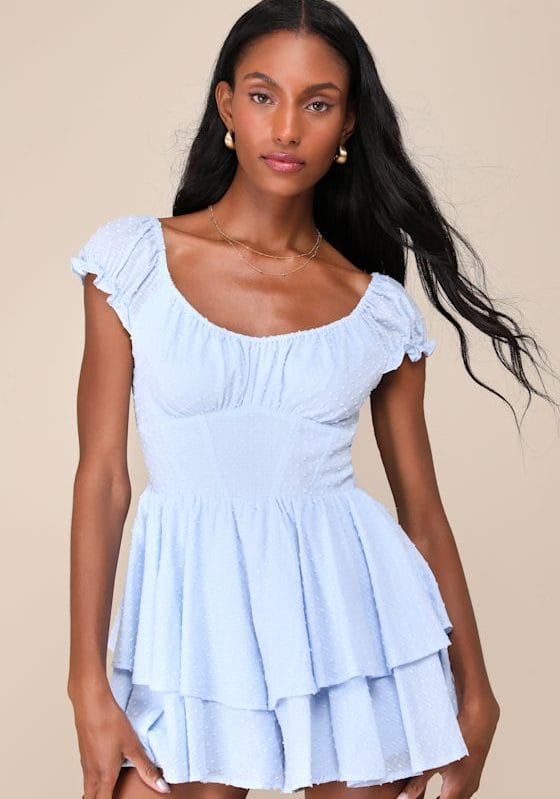 Considerably Cute Light Blue Swiss Dot Bustier Ruffled Romper